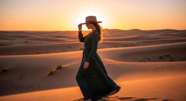 Hoàng hôn nhuộm vàng cam trên những đồi cát sa mạc Dubai