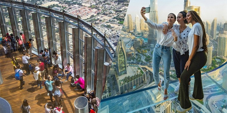 Đoàn khách tham quan thoải mái trước tháp Burj Khalifa, không vội vã