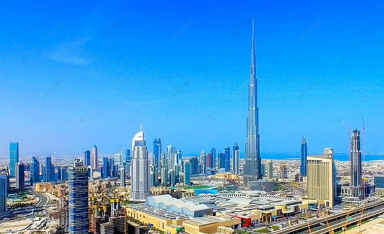 Toàn cảnh tháp Burj Khalifa và đường chân trời Dubai dưới bầu trời xanh mùa đông