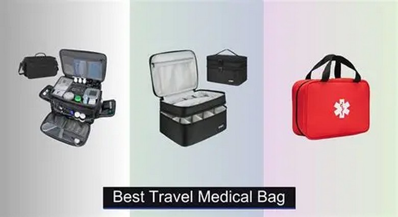 Hành lý xách tay của người lớn tuổi với hộp thuốc cá nhân và giấy tờ y tế