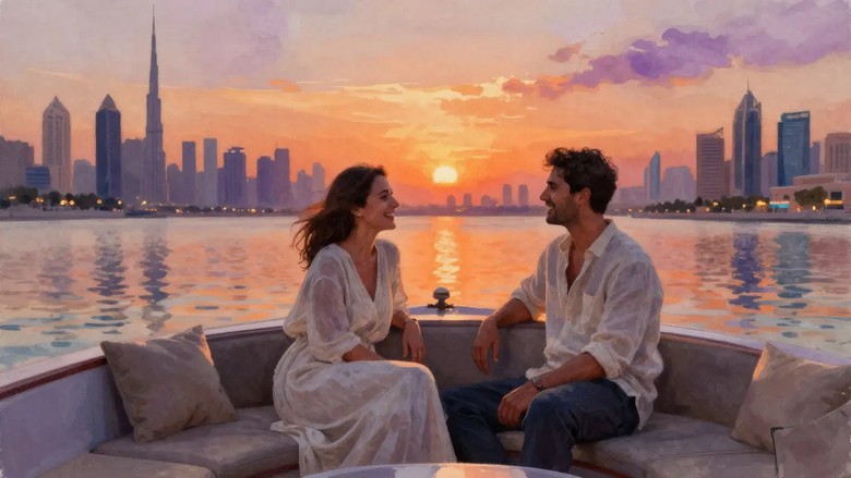  Cặp đôi ngắm hoàng hôn trên du thuyền tại bến du thuyền Dubai Marina