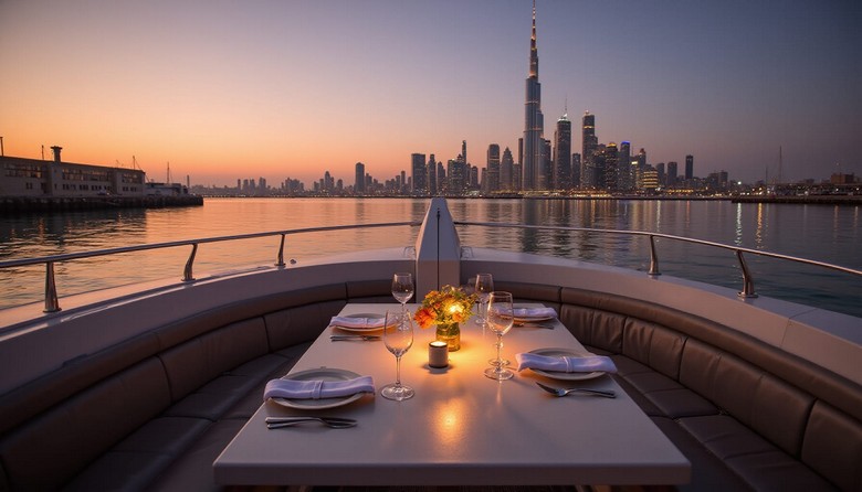  Bàn ăn tối trên du thuyền với nến và khung cảnh tòa nhà Dubai lên đèn