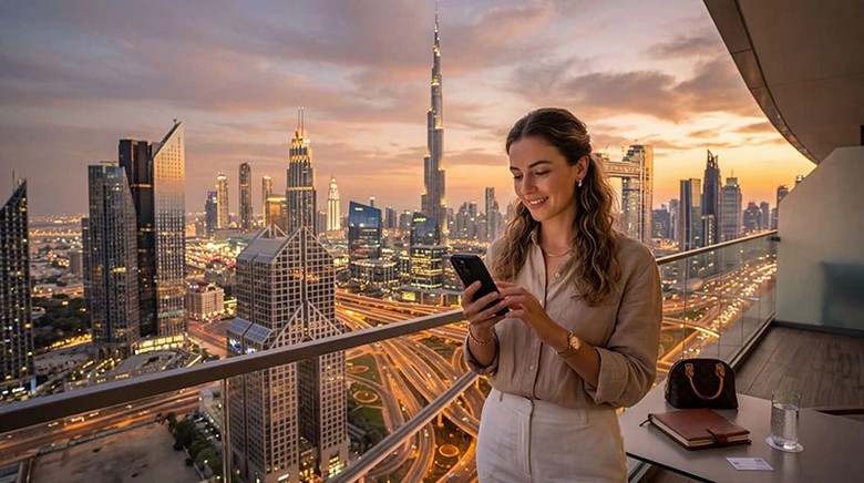 Du khách dùng bản đồ và gọi video trên điện thoại ở Dubai