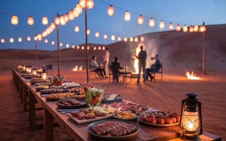 Bàn tiệc BBQ với thịt nướng và món Ả Rập ở trại sa mạc Dubai