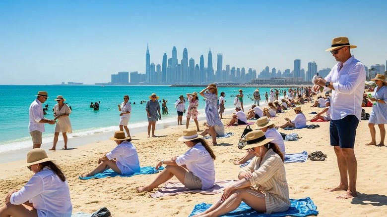 Du khách che ô, đội mũ chống nắng trên bãi biển Dubai mùa hè