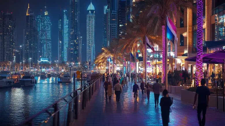 Khách du lịch dạo bộ an toàn dọc bờ kênh Dubai Marina buổi tối