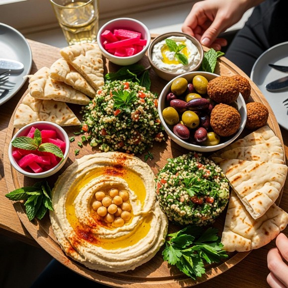 Bàn mezze đầy đủ với hummus, tabbouleh, fattoush và bánh pita