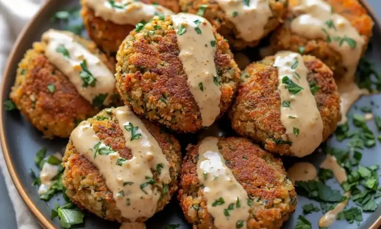 Falafel chiên giòn xếp cạnh sốt tahini