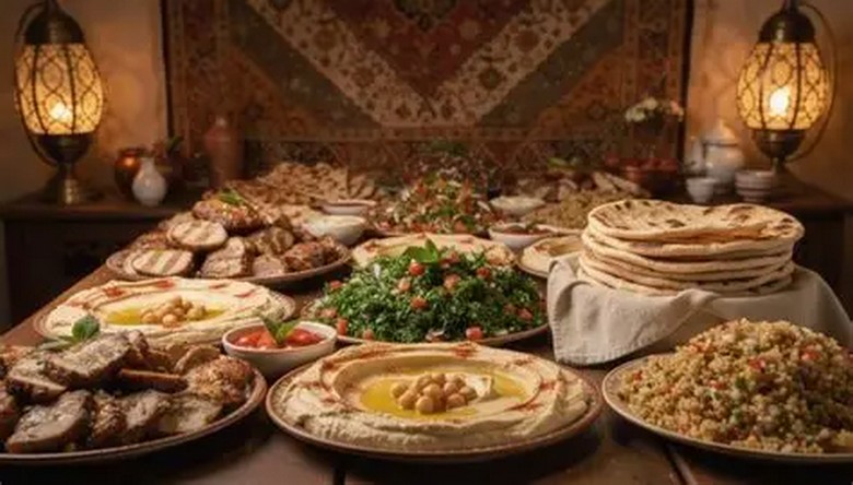 Set mezze khai vị Trung Đông với hummus, tabbouleh và bánh mì Ả Rập