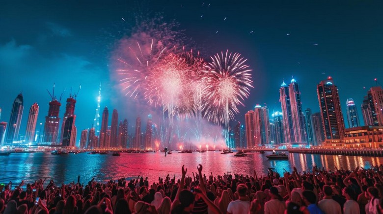 Đám đông tụ tập ven hồ Dubai Fountain xem pháo hoa giao thừa