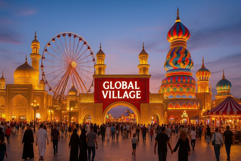 Lịch mùa mở cửa Global Village hiển thị tại cổng vào chính