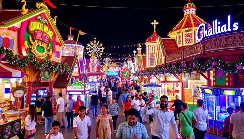 Du khách dạo chơi buổi tối giữa các gian hàng Global Village