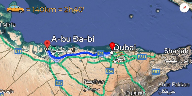 Bản đồ minh họa vị trí Dubai và Abu Dhabi cách nhau khoảng 140 kilomet