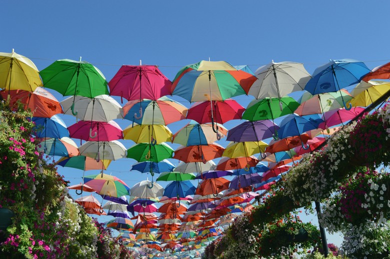 Lối đi với những chiếc ô nhiều màu treo lơ lửng tại Miracle Garden