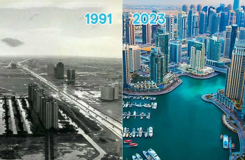 Ảnh ghép so sánh Dubai Creek xưa và skyline Dubai hiện đại