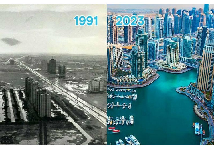 Ảnh ghép so sánh Dubai Creek xưa và skyline Dubai hiện đại