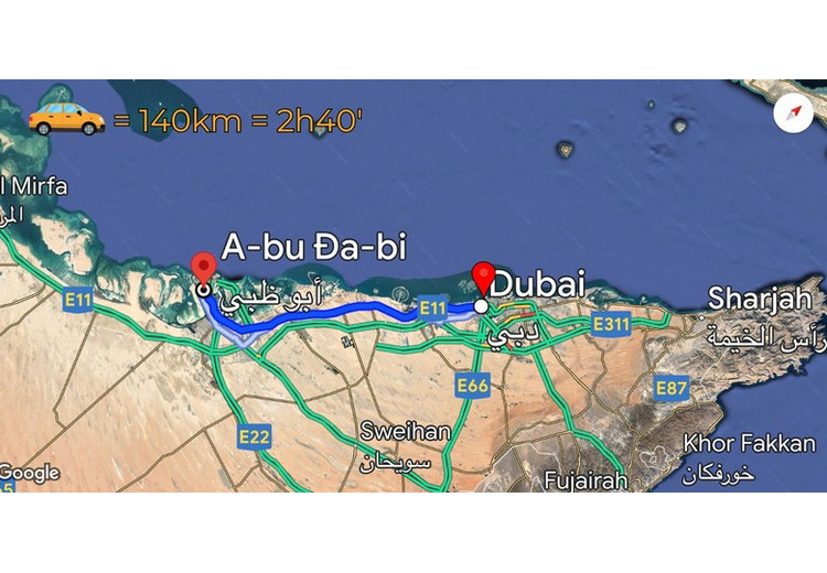  Bản đồ minh họa vị trí Dubai và Abu Dhabi cách nhau khoảng 140 kilomet