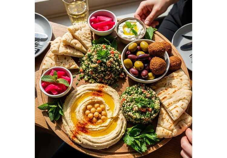 Bàn tiệc ẩm thực Trung Đông với shawarma, hummus và bánh kunafa tại Dubai