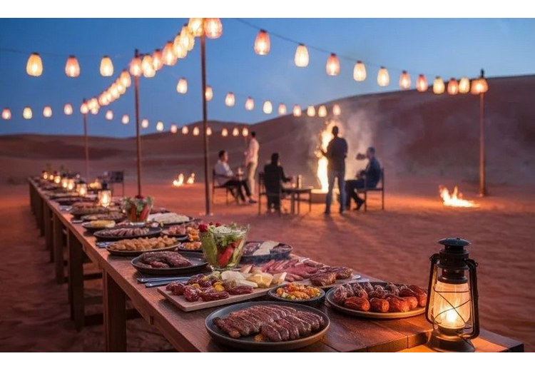 Bàn tiệc BBQ với thịt nướng và món Ả Rập ở trại sa mạc Dubai