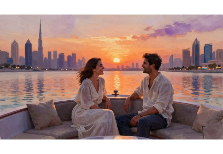  Cặp đôi ngắm hoàng hôn trên du thuyền tại bến du thuyền Dubai Marina