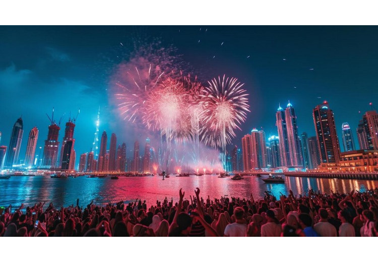 Đám đông tụ tập ven hồ Dubai Fountain xem pháo hoa giao thừa