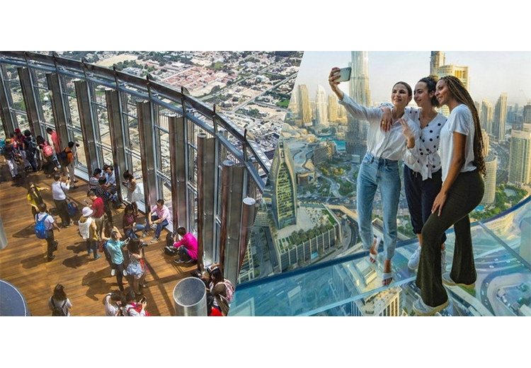 Đoàn khách tham quan thoải mái trước tháp Burj Khalifa, không vội vã
