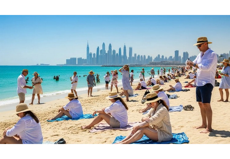Du khách che ô, đội mũ chống nắng trên bãi biển Dubai mùa hè