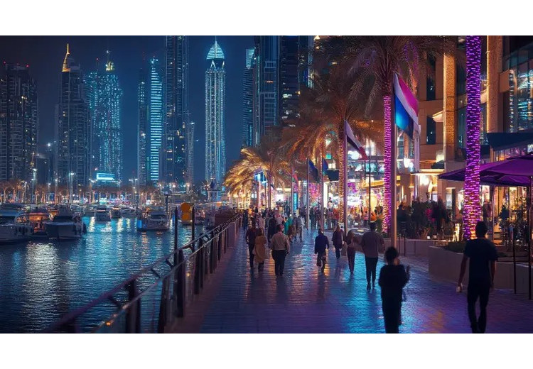 Du khách dạo bộ trên Dubai Marina Walk buổi tối, phía sau là dãy tòa tháp lên đèn