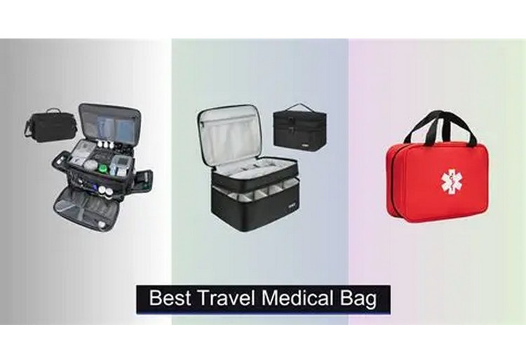 Hành lý xách tay của người lớn tuổi với hộp thuốc cá nhân và giấy tờ y tế
