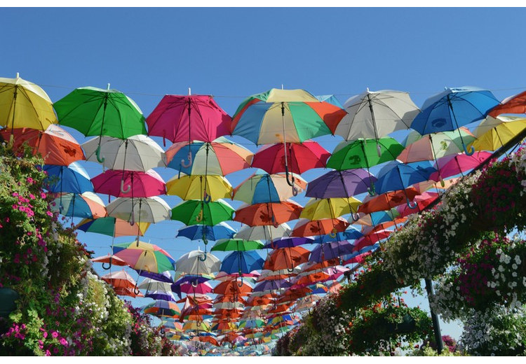 Lối đi với những chiếc ô nhiều màu treo lơ lửng tại Miracle Garden