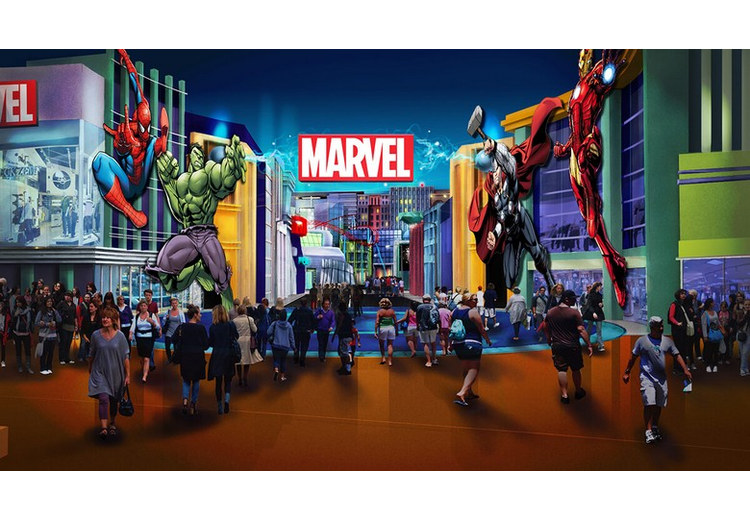 Lối vào khu Marvel với tượng các nhân vật siêu anh hùng
