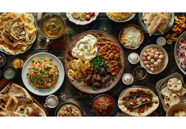 Một bàn ăn với các món Trung Đông phổ biến như hummus và shawarma