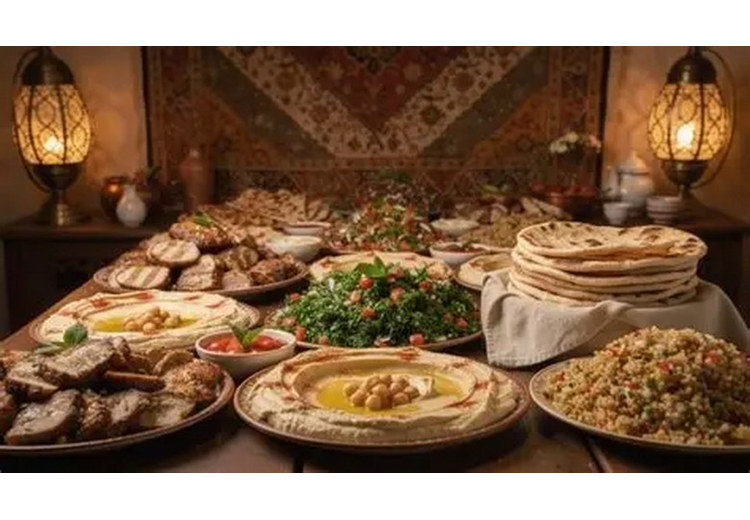 Set mezze khai vị Trung Đông với hummus, tabbouleh và bánh mì Ả Rập