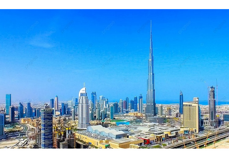 Toàn cảnh tháp Burj Khalifa và đường chân trời Dubai dưới bầu trời xanh mùa đông